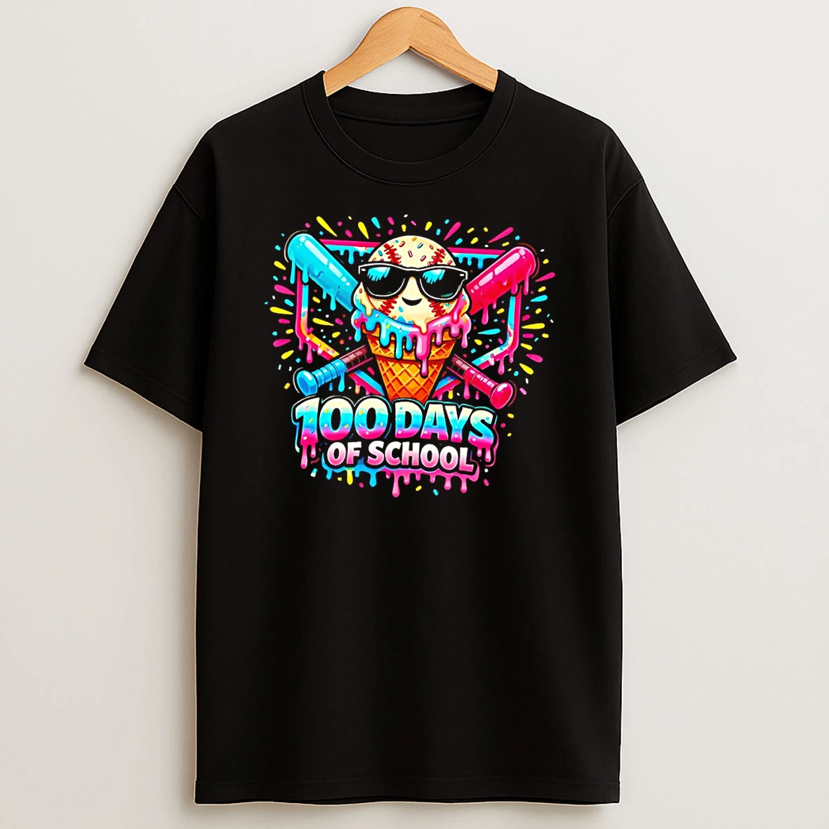 Baseball Ice Cream Drip 100 Days Of School T Shirt