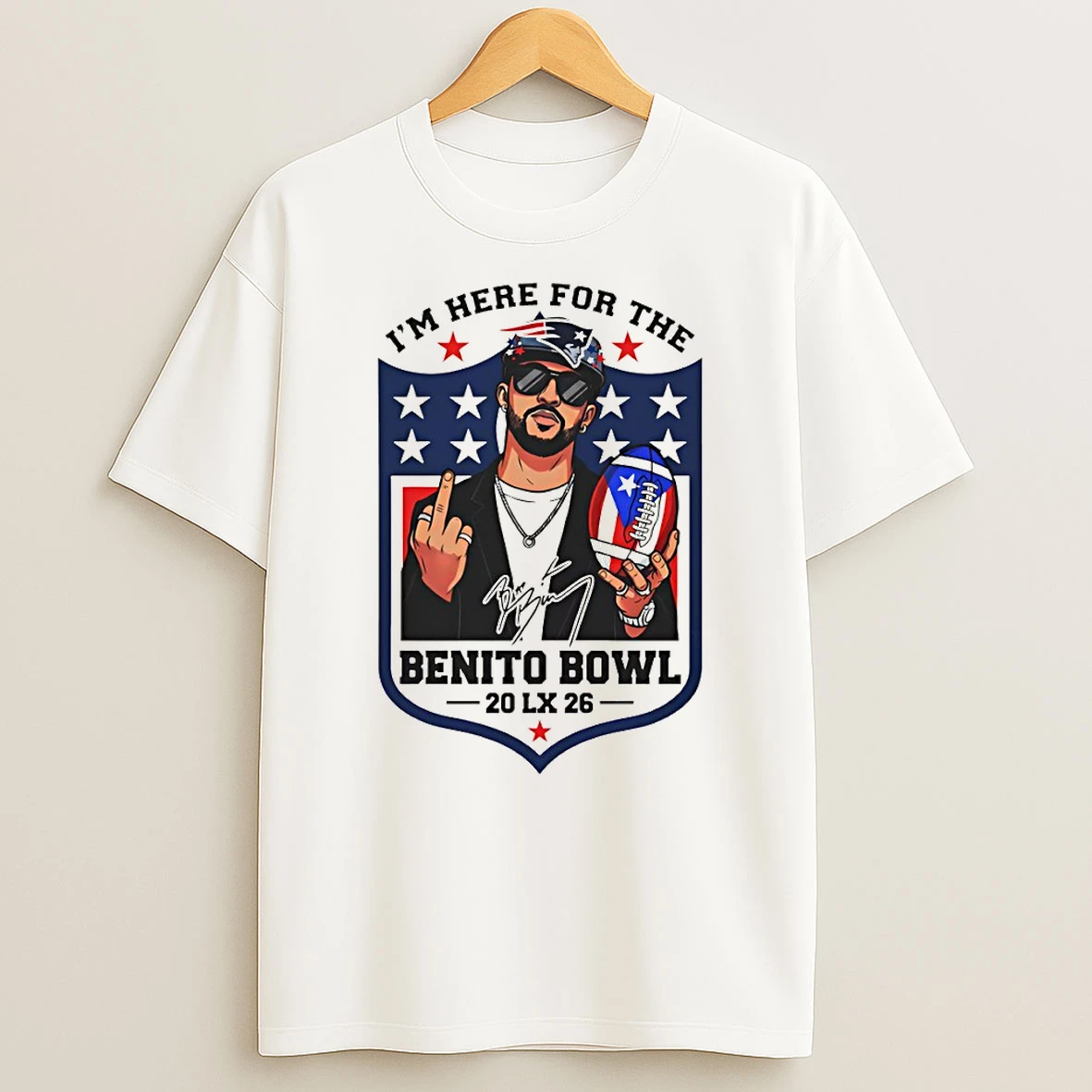 Benito Bowl Bad Bunny Middle Finger Superbowl Lx 2026 Im Here For The Nfl Logo Signature T Shirt