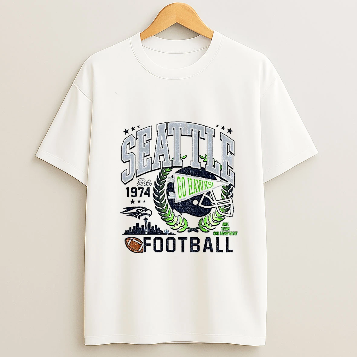 Big Seattle Seahawk Football Go Hawks Est 1974 One Team One Heartbeat T Shirt