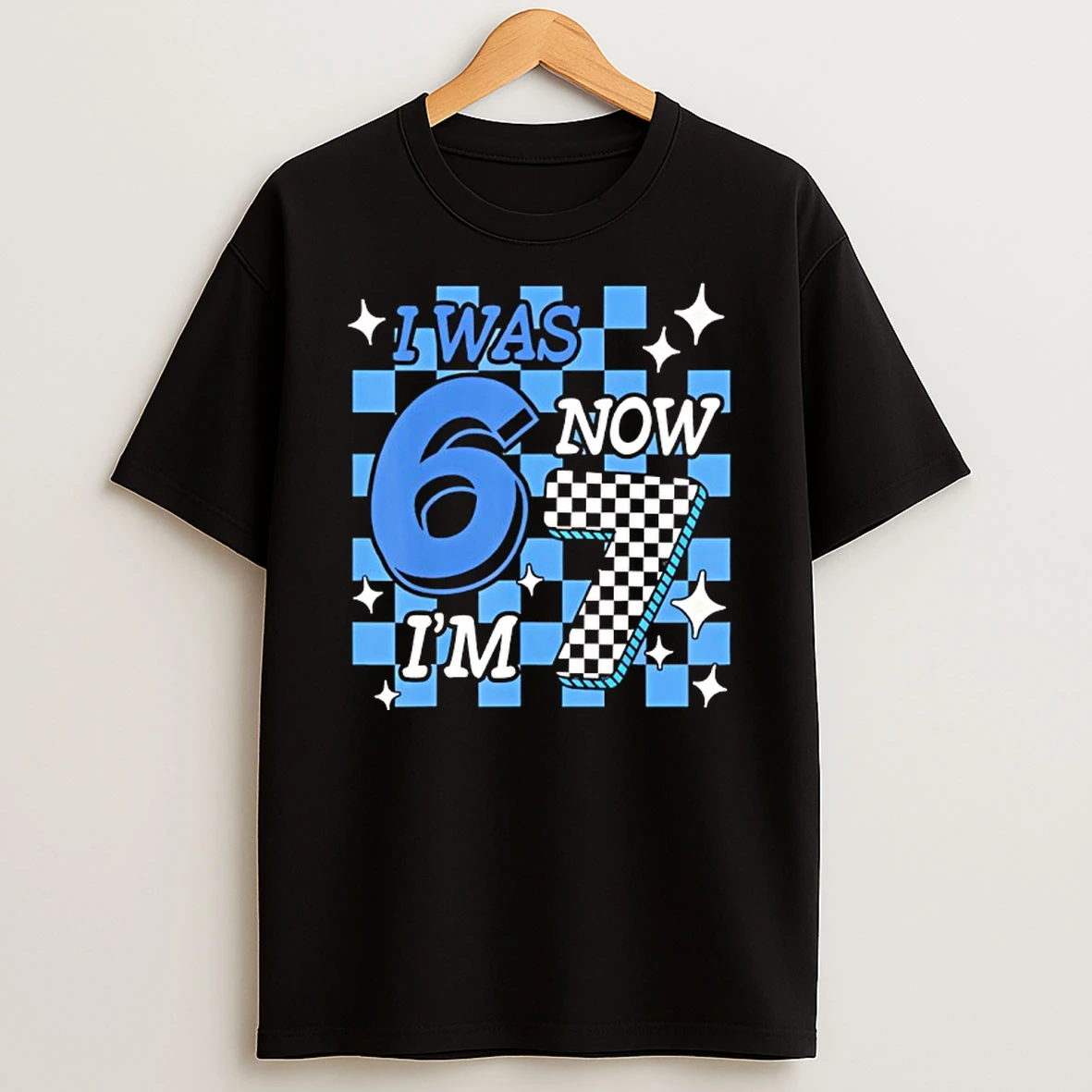 Blue Checkered Birthday Boy I Was 6 Now Im 7 T Shirt