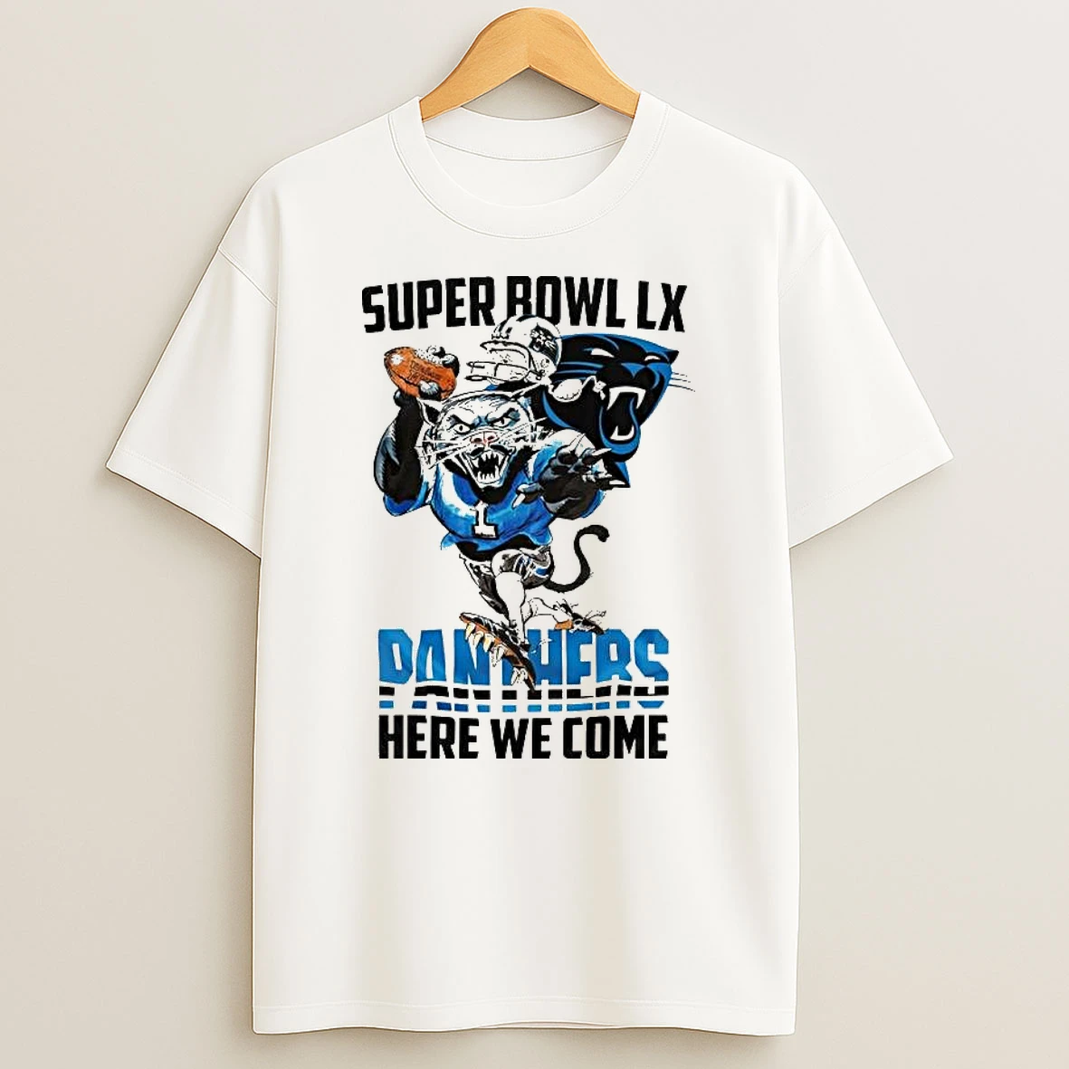 Carolina Panthers Nfl 2025 Division Champions Super Bowl Lx Panthers Here We Come Mascot T Shirt