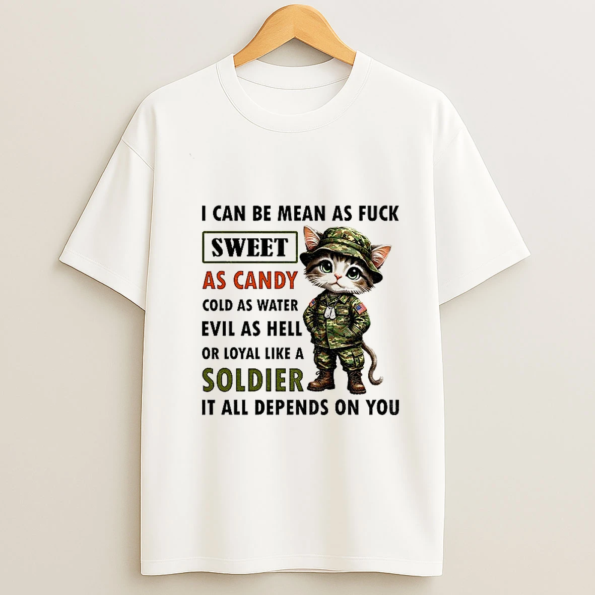 Cat Veteran I Can Be Mean As Fuck Sweet As Candy Cold As Water Evil As Hell Or Loyal Like A Soldier T Shirt