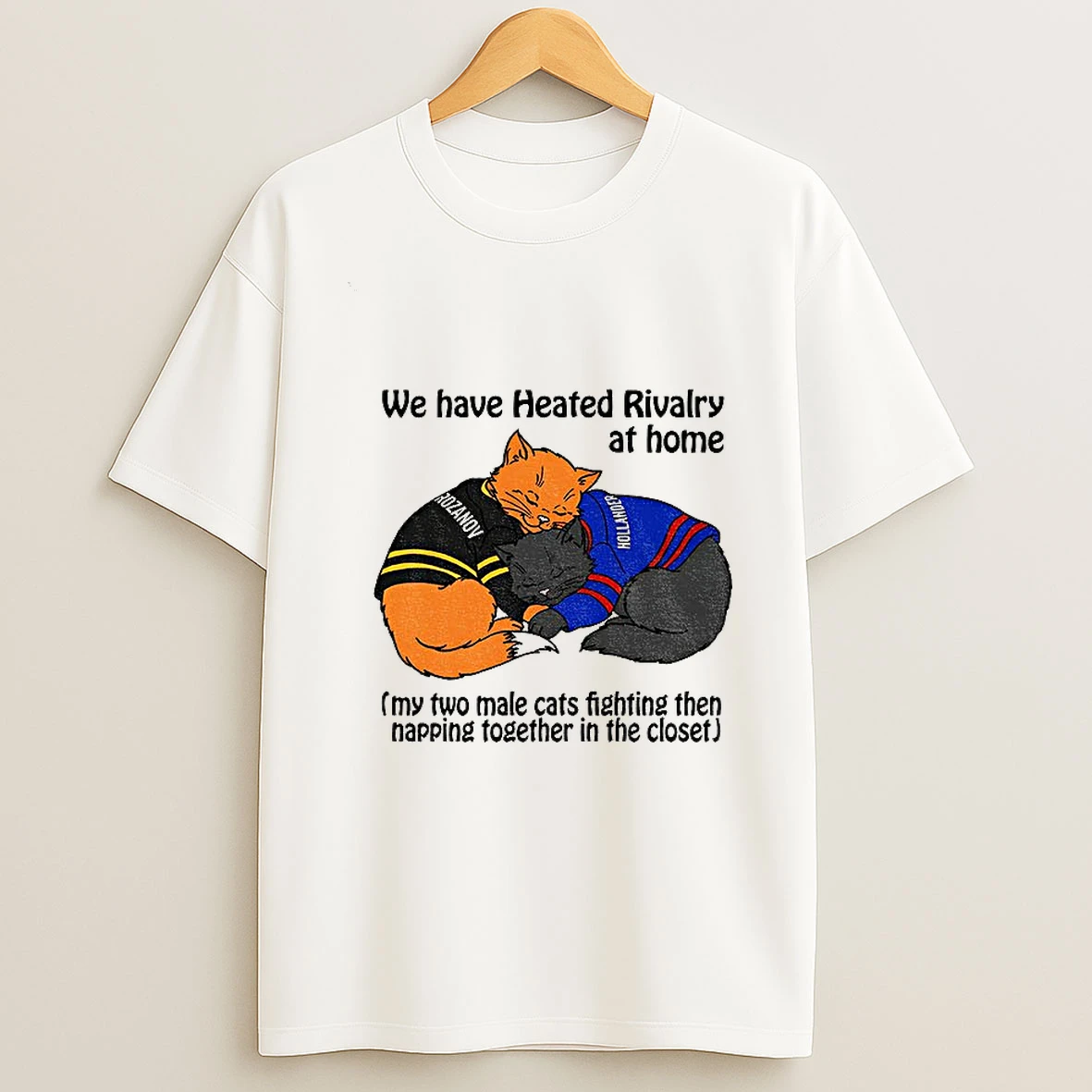 Cats We Have Heated Rivalry At Home My Two Male Cats Fighting Then Napping Together In The Closet T Shirt