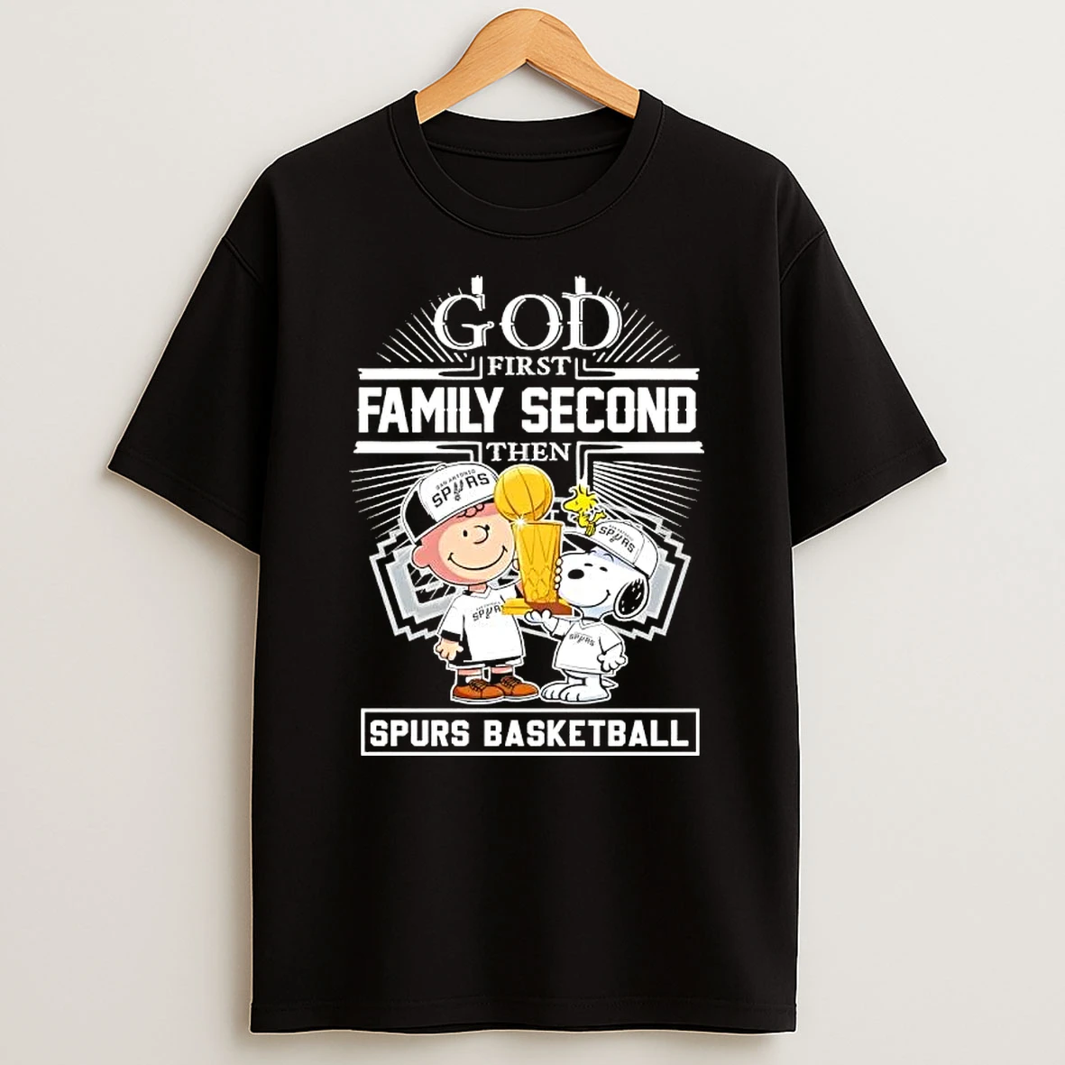 Charlie Brown And Snoopy Hold Trophy God First Family Second Then San Antonio Spurs Basketball T Shirt