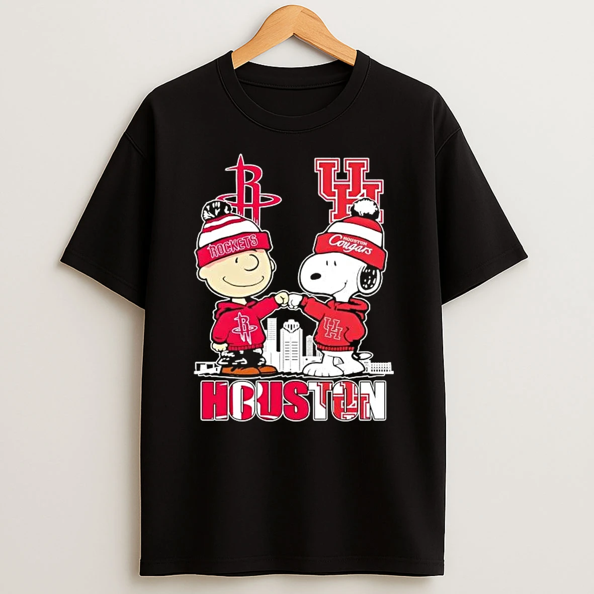 Charlie Brown Fist Bump Snoopy Houston Sports Rockets X Cougars Skyline T Shirt