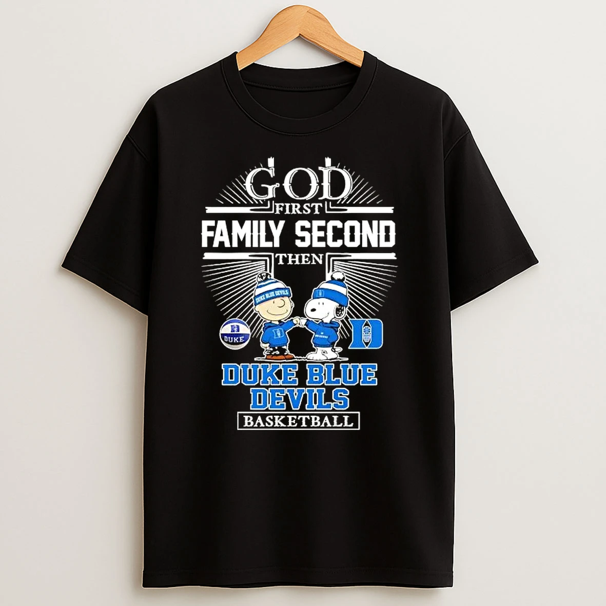 Charlie Brown Fist Bump Snoopy God First Family Second Then Duke Blue Devils Basketball T Shirt