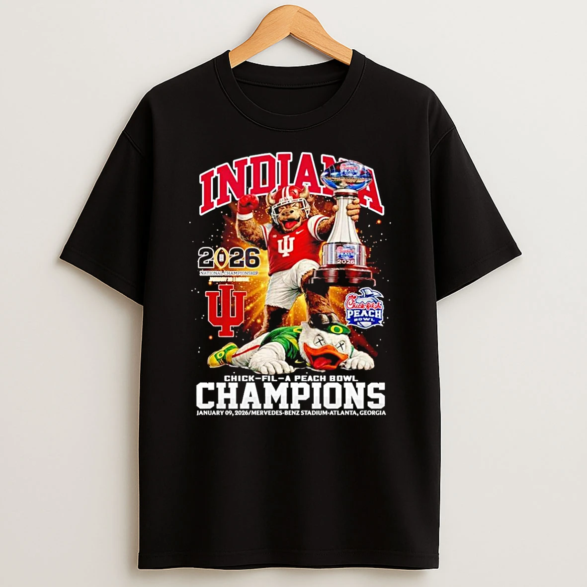 Chick Fil A Peach Bowl Champions 2026 Indiana Hoosiers Mascot T Shirt