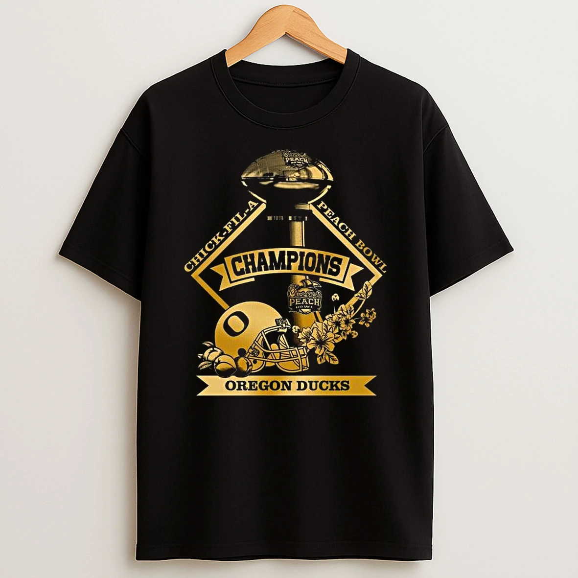 Chick Fil A Peach Bowl Champs Oregon Ducks Jan 9 2026 Trophy Helmet Gold T Shirt
