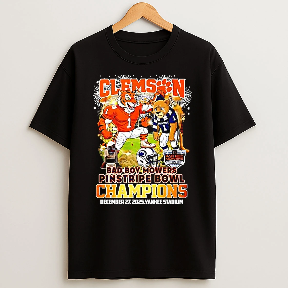 Clemson Tigers Vs Penn State Nittany Lions Bad Boy Mowers Pinstripe Bowl Champions Dec 27th 2025 Yankee Stadium T Shirt