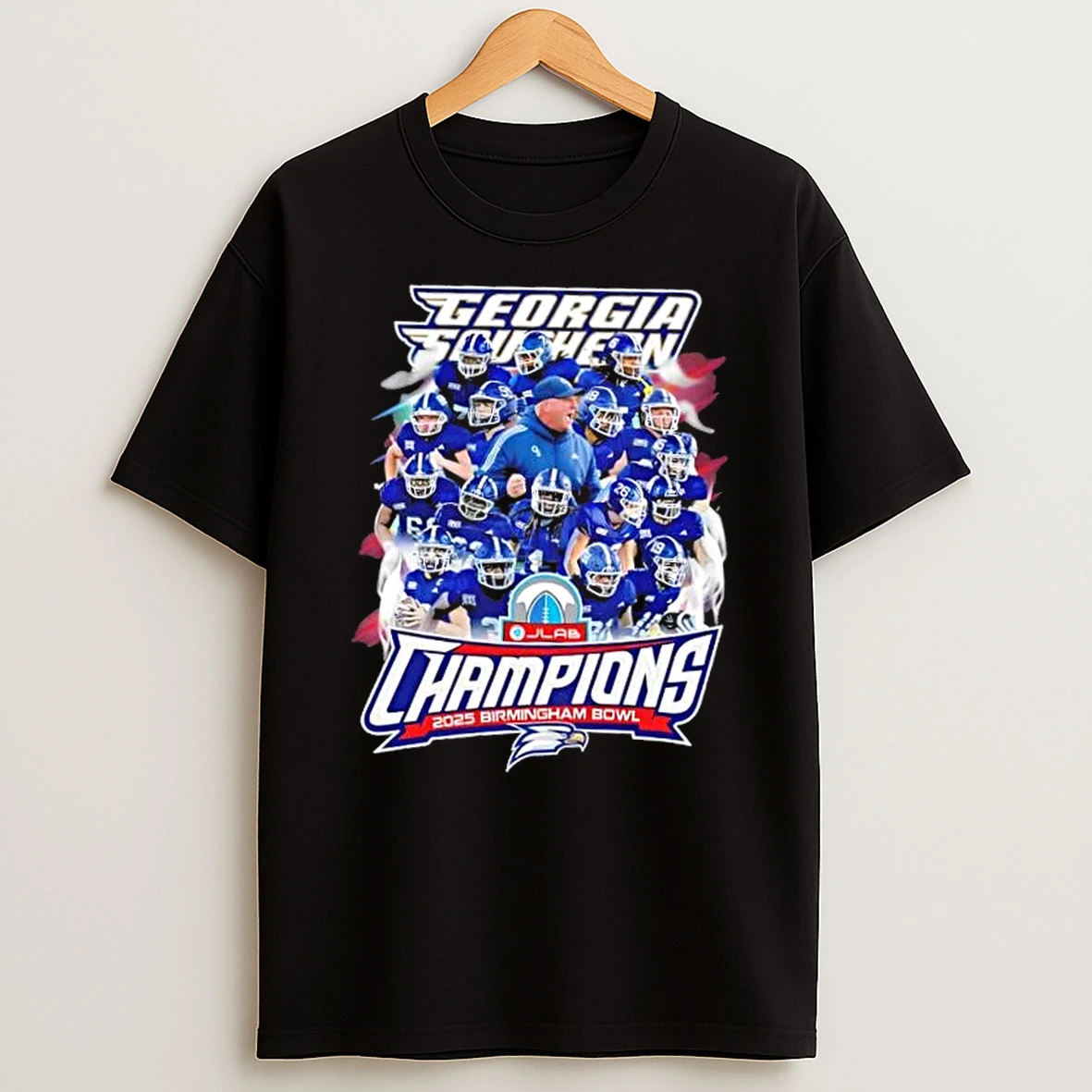 Coach Clay Helton And Players Georgia Southern Eagles Jlab Champions 2025 Birmingham Bowl T Shirt
