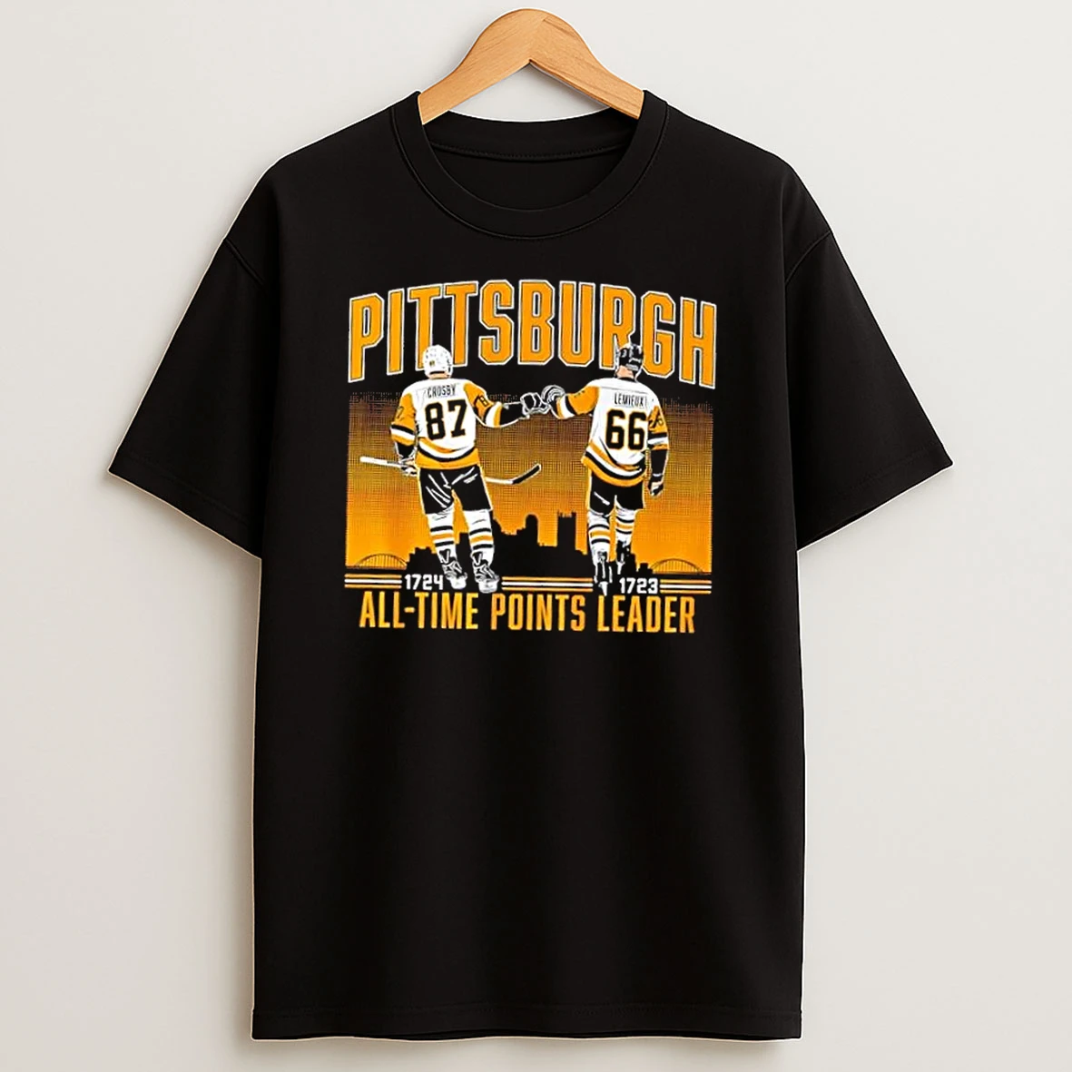 Crosby And Lemieux Pittsburgh Penguins 1724 1723 All Time Points Leader Hockey Skyline T Shirt