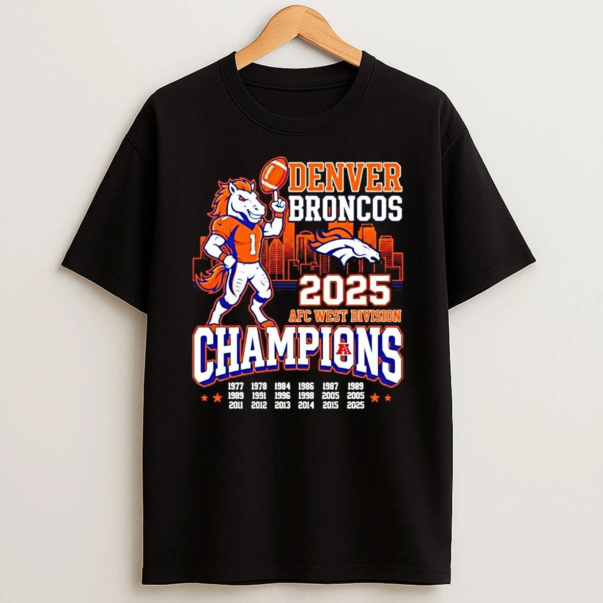 Denver Broncos 2025 Afc West Division Champions Miles Mascot City Skyline T Shirt