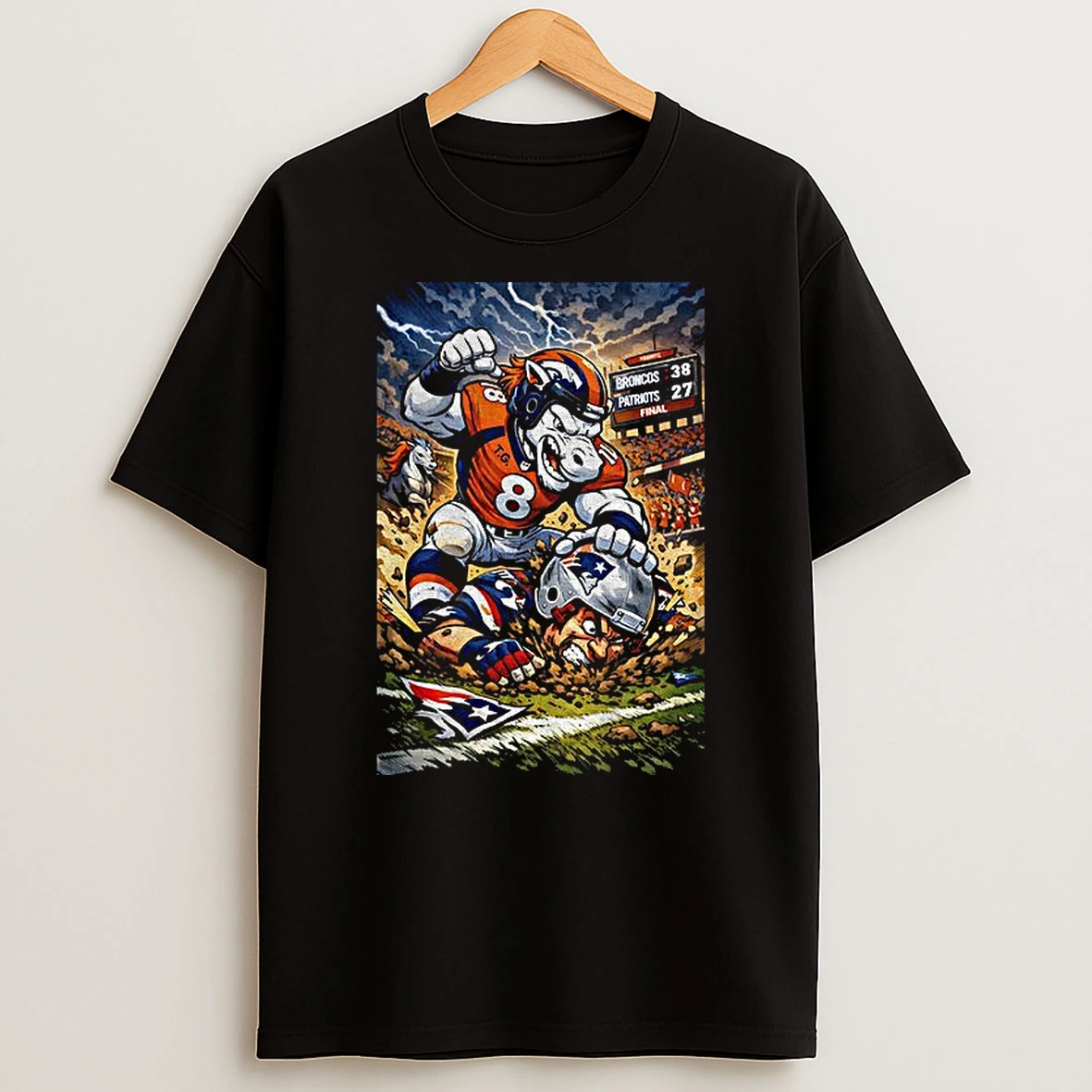 Denver Broncos Beat New England Patriots Mascot Broncos 38 Patriots 27 Cartoon T Shirt