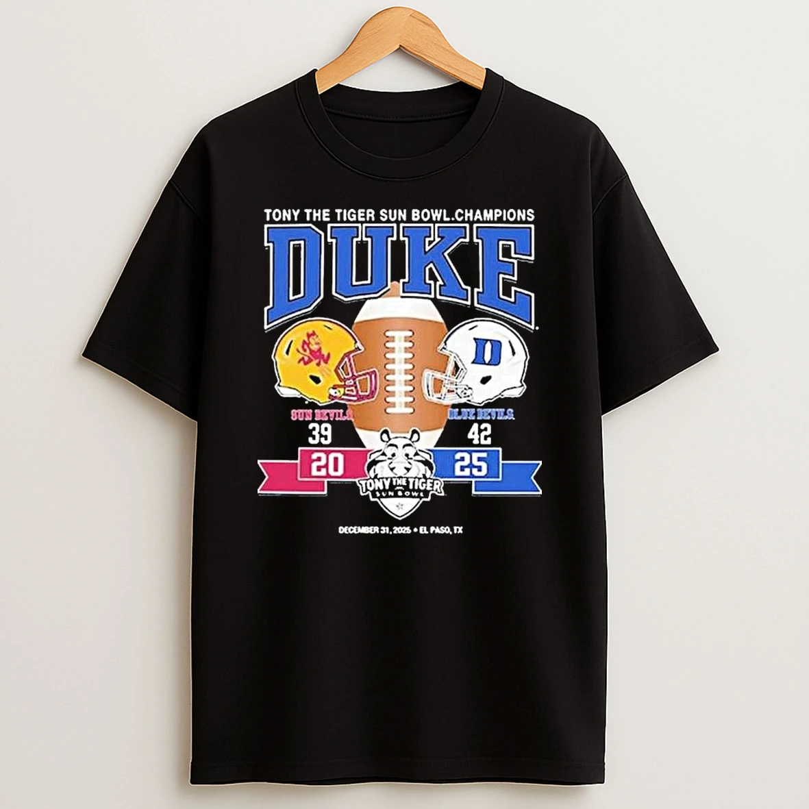 Duke Blue Devils Victory 42 39 Arizona State Sun Devils 2025 Tony The Tiger Sun Bowl Champions T Shirt