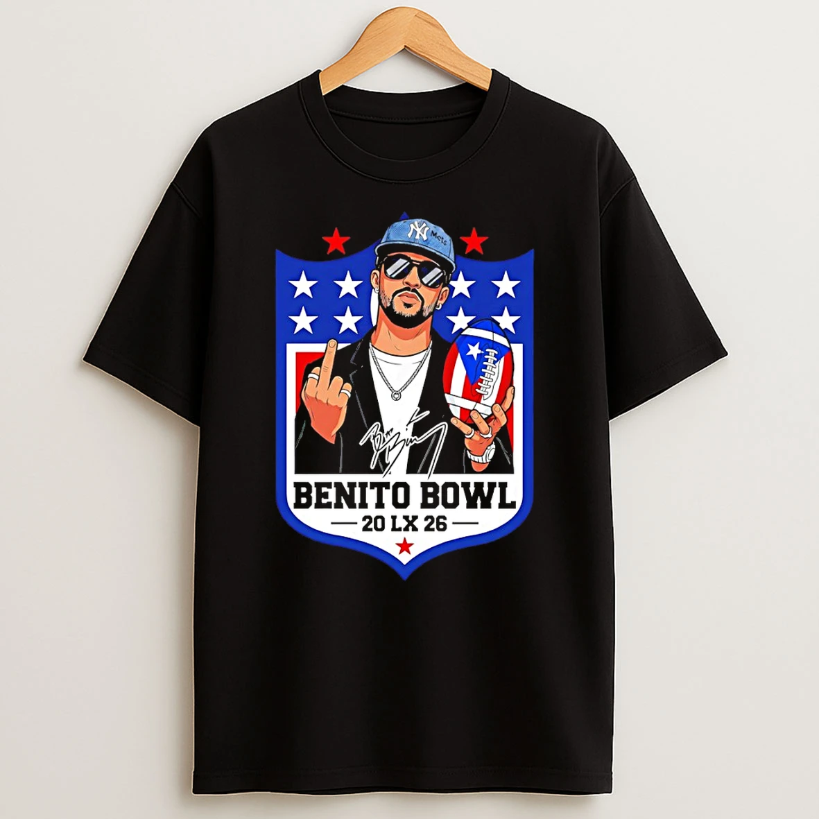 Ewzensc2 Bad Bunny Middle Finger Im Here For The Benito Bowl 20 Lx 26 Nfl Logo Signature T Shirt