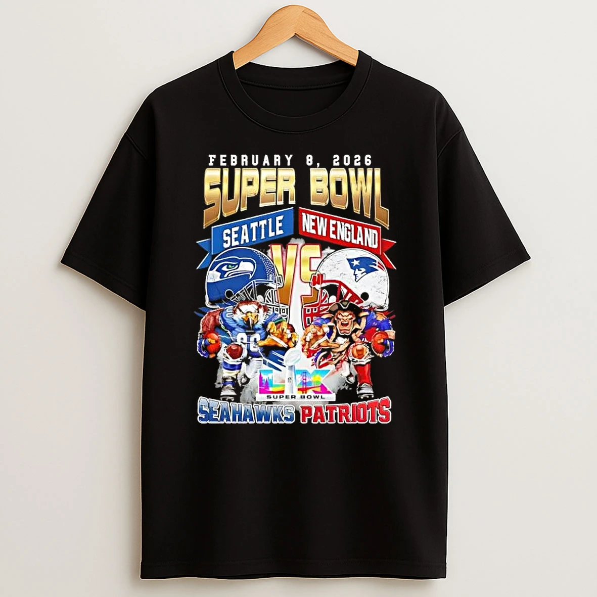 February 8 2026 Super Bowl Seattle Seahawks Vs New England Patriots Mascots T Shirt