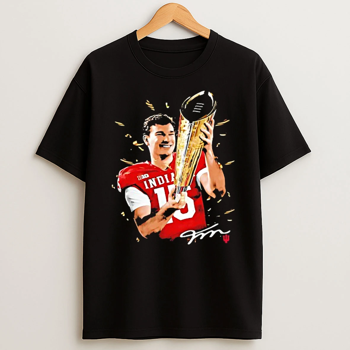 Fernando Mendoza 15 Indiana Hoosiers Trophy Signature Confetti T Shirt