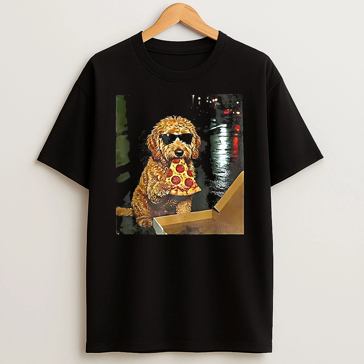 Goldendoodle Eating Pizza Holding Glasses Meme T Shirt