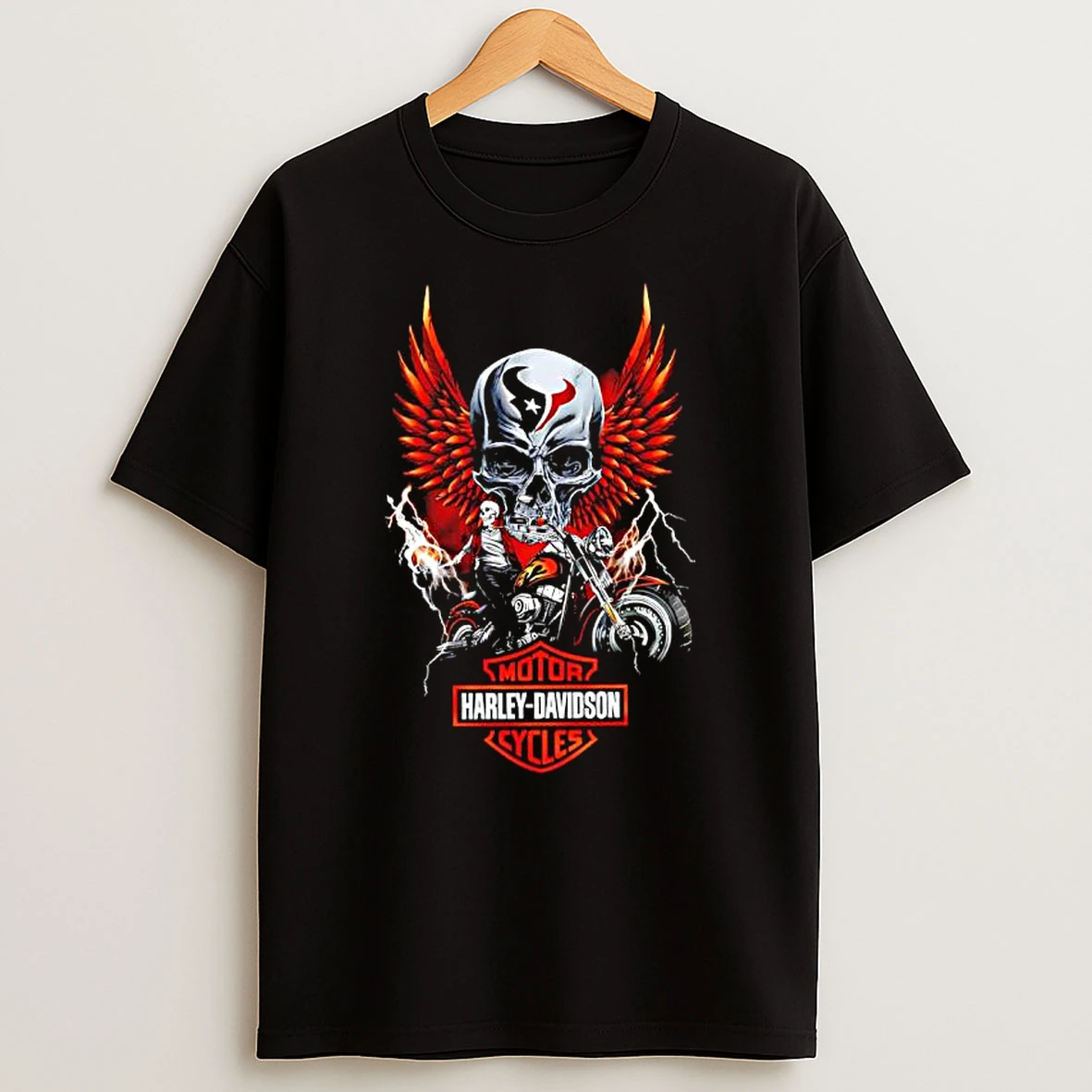 Houston Texans X Harley Davidson Motor Cycles Skull Wings T Shirt