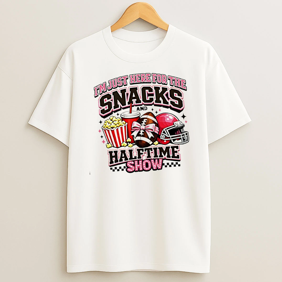 Im Just Here For The Snacks And Halftime Show Pink Coquette Football 2026 T Shirt
