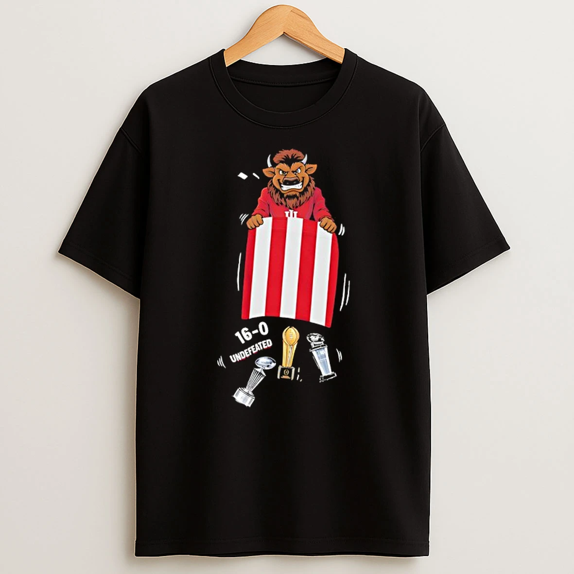 Indiana Hoosiers 16 0 Undefeated Mascot Holding Flag And Trophy T Shirt