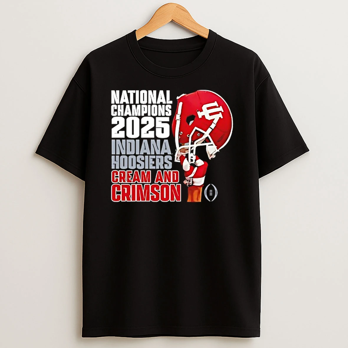 Indiana Hoosiers 2025 Cfp National Champions Cream And Crimson Holding Helmet T Shirt