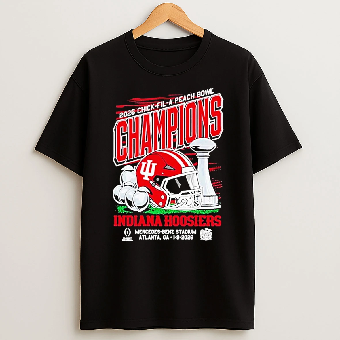 Indiana Hoosiers 2026 Chick Fil A Peach Bowl Champions Helmet Trophy T Shirt