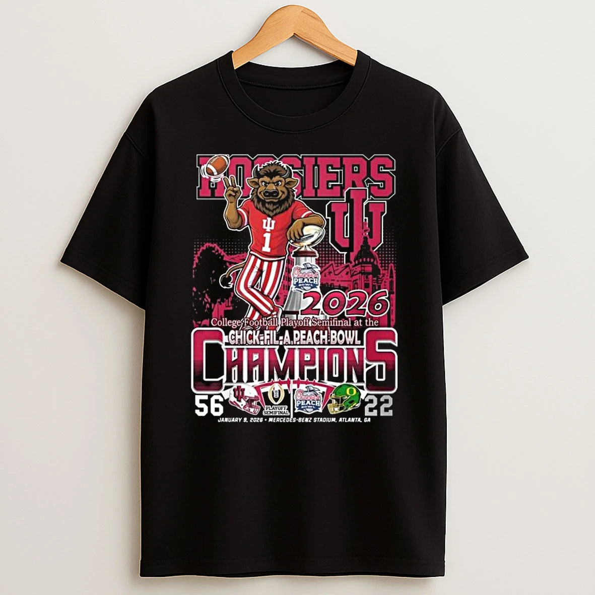 Indiana Hoosiers Bison Mascot With Trophy 2026 Cfp Semifinal At The Chick Fil A Peach Bowl Champions Score T Shirt