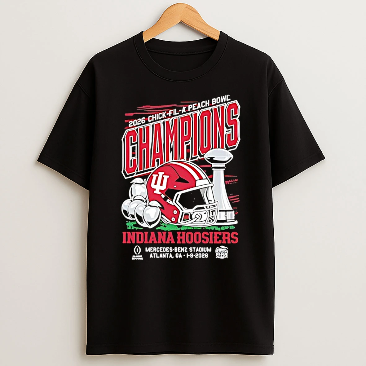 Indiana Hoosiers Black 2026 Peach Bowl Champions Trophy Atlanta Graphic T Shirt