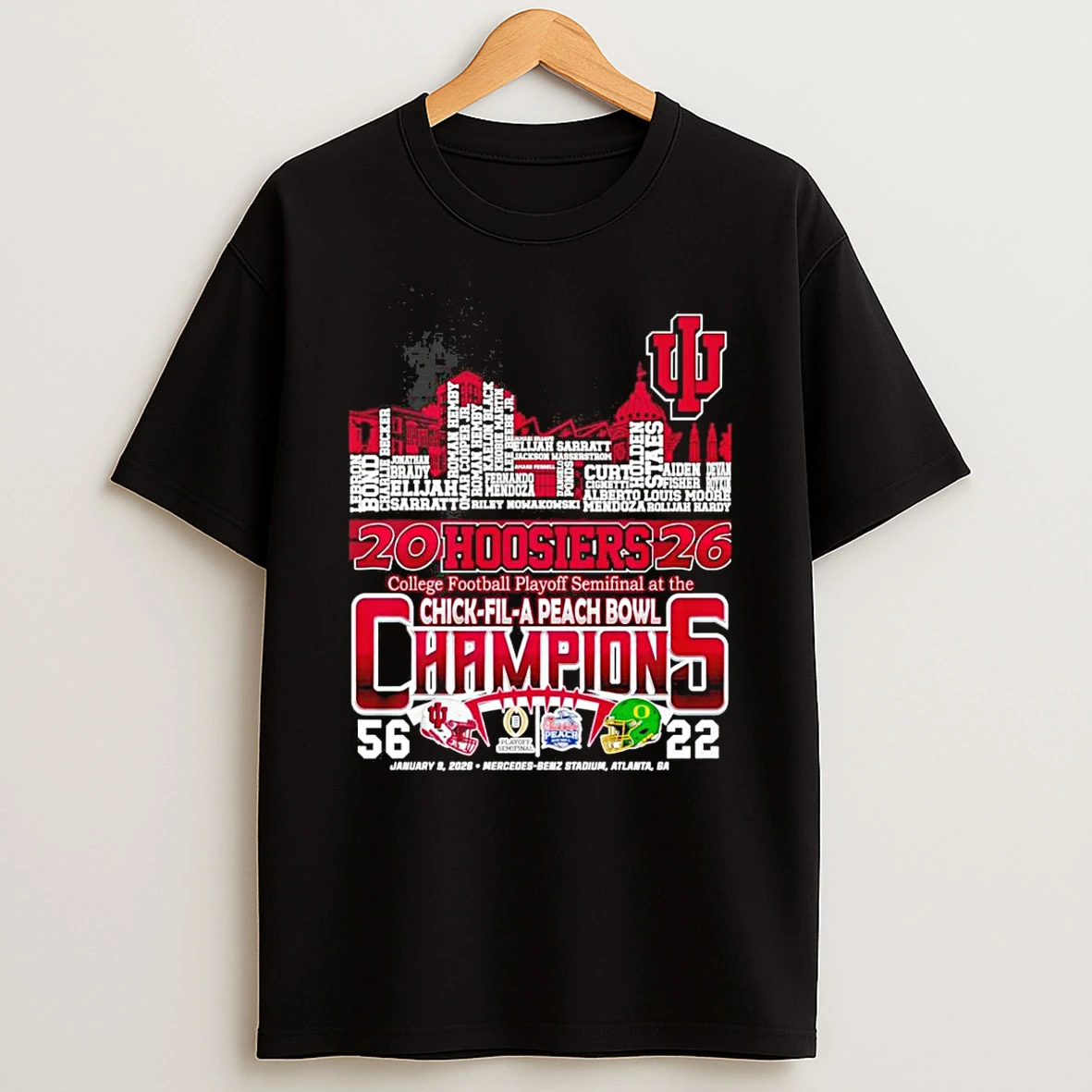 Indiana Hoosiers Chick Fil A Peach Bowl Champions 2026 City Skyline Player Name T Shirt