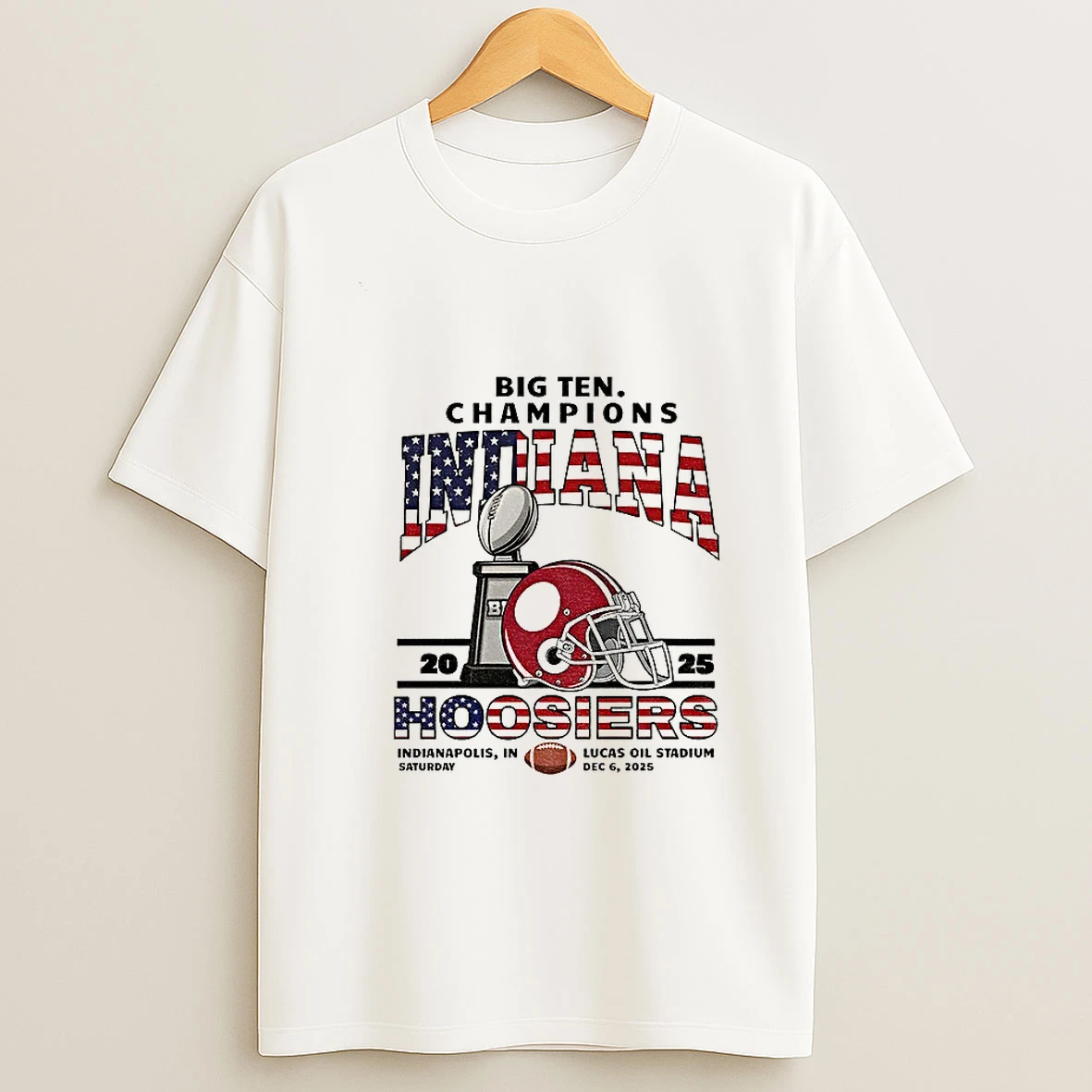 Indiana Hoosiers Football Helmet Big 10 Champions 2025 Indianapolis In Saturday American Flag T Shirt