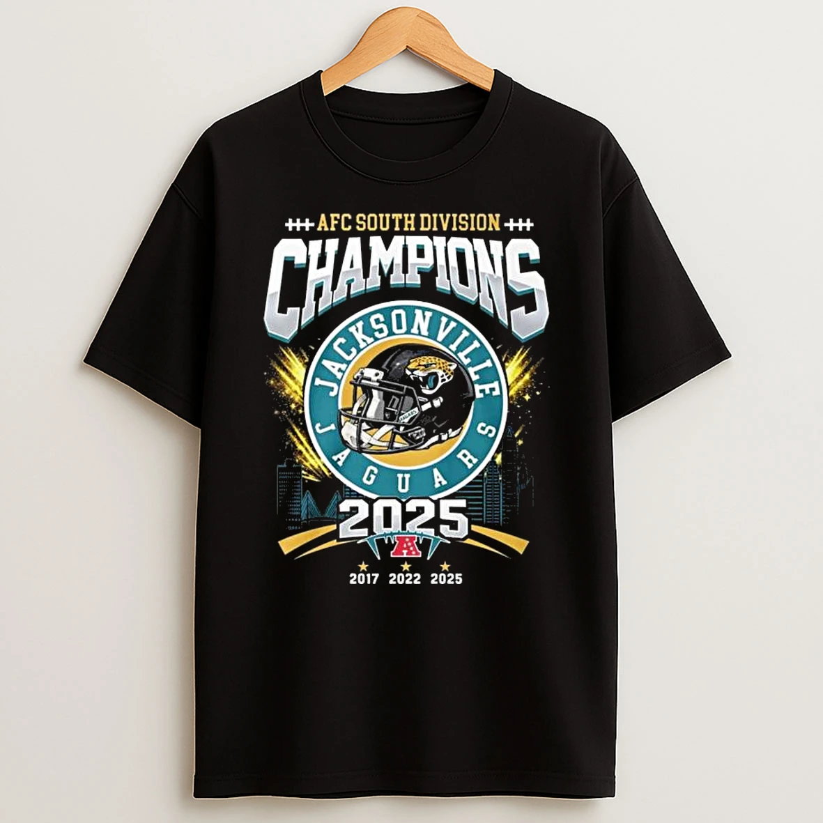 Jacksonville Jaguars Nfl Afc South Champions 2025 Helmet Logo Skyline T Shirt