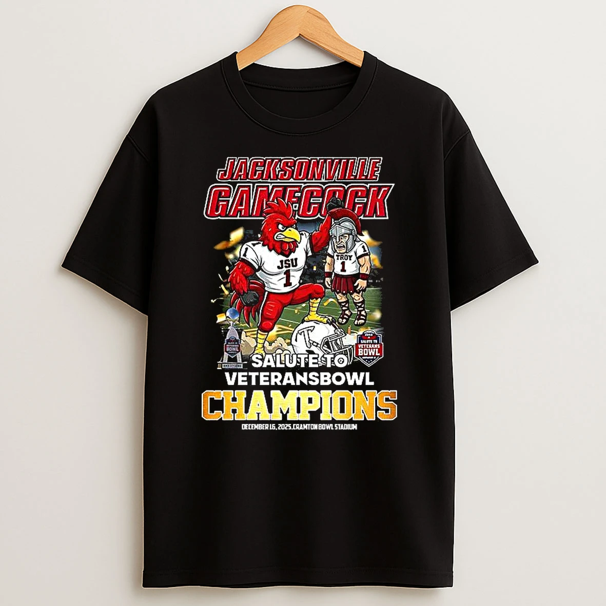 Jacksonville State Gamecocks Beat Troy Trojans Ncaa Salute To Veterans Bowl Champions Mascot T Shirt