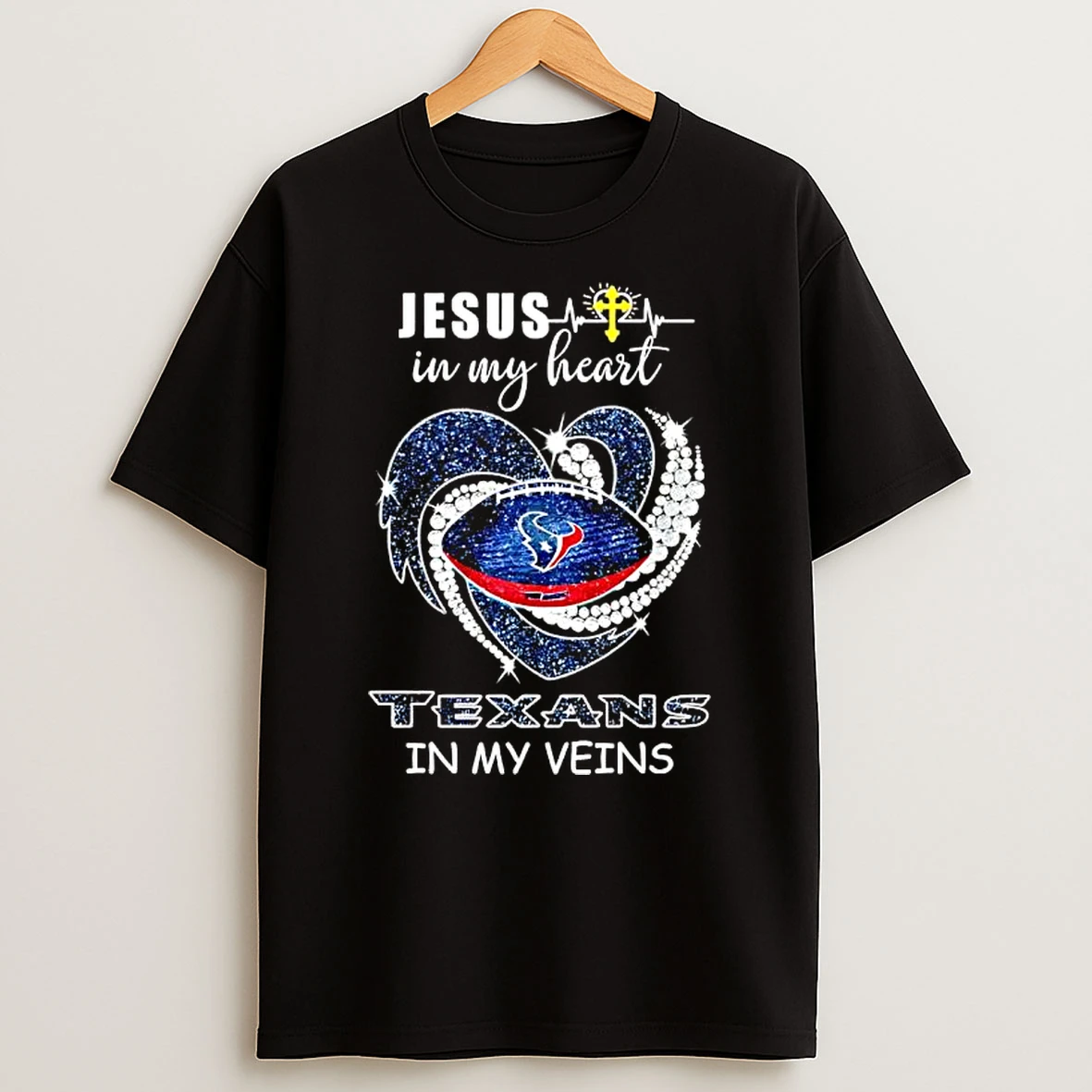 Jesus In My Heart Houston Texans In My Veins Heartbeat Line T Shirt