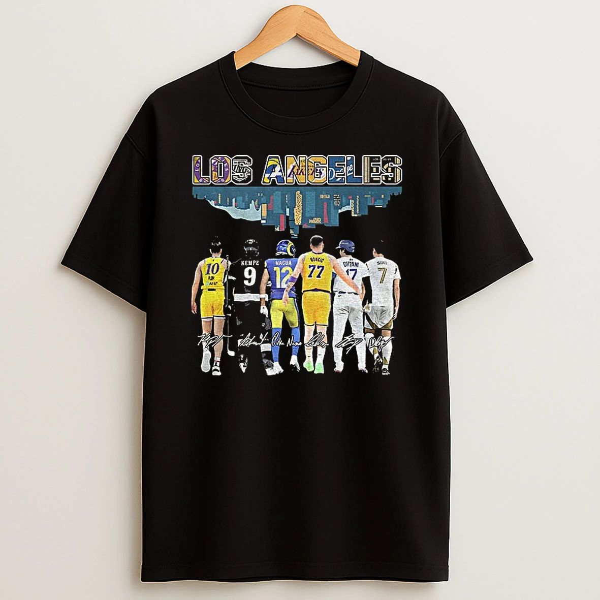 Kessel Kempe Nacua Vincent Ohtani Messi Los Angeles City Skyline Signatures T Shirt