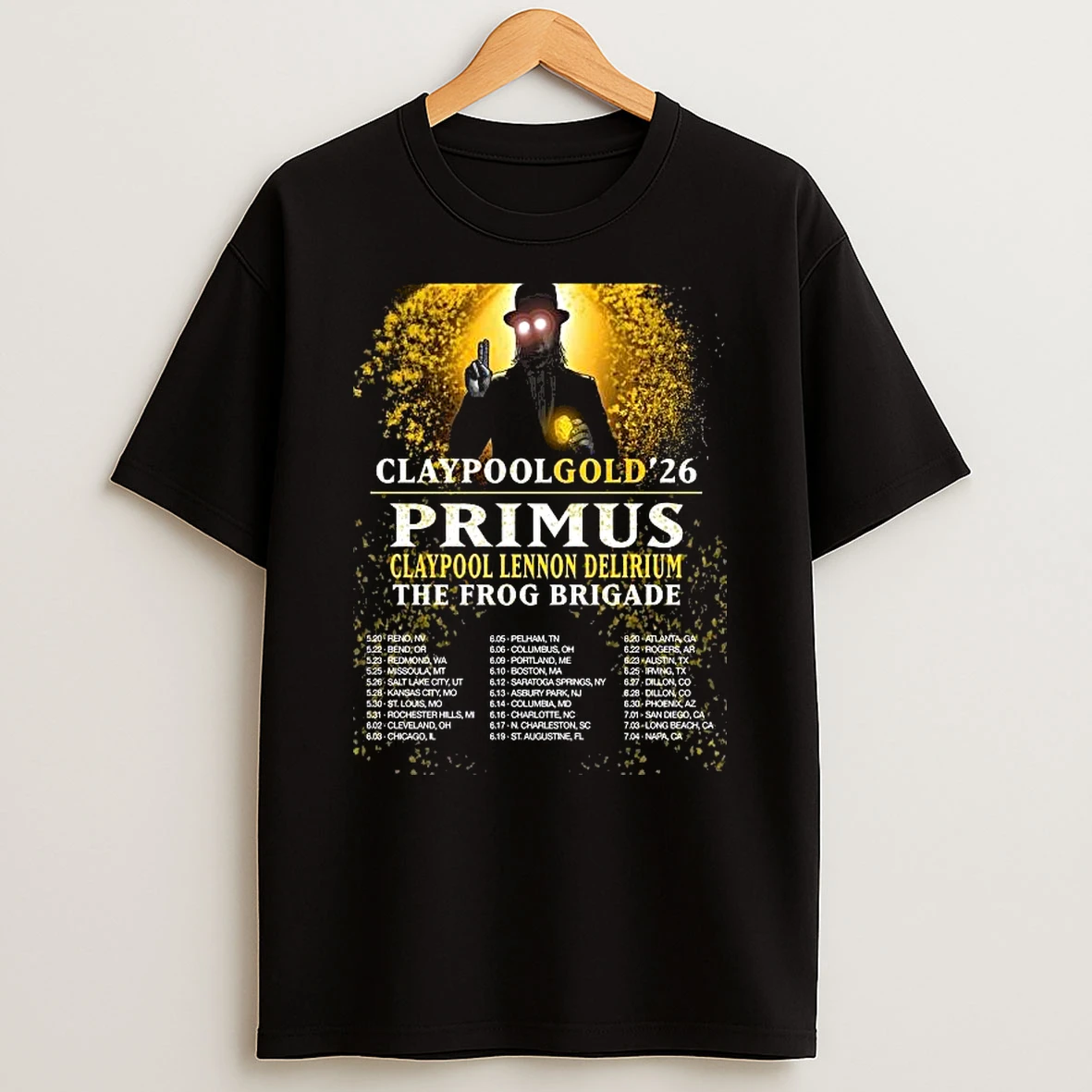 Les Claypool Claypool Gold 2026 Summer Tour With Primus Claypool Lennon Delirium And The Frog Brigade North America City Dates T Shirt