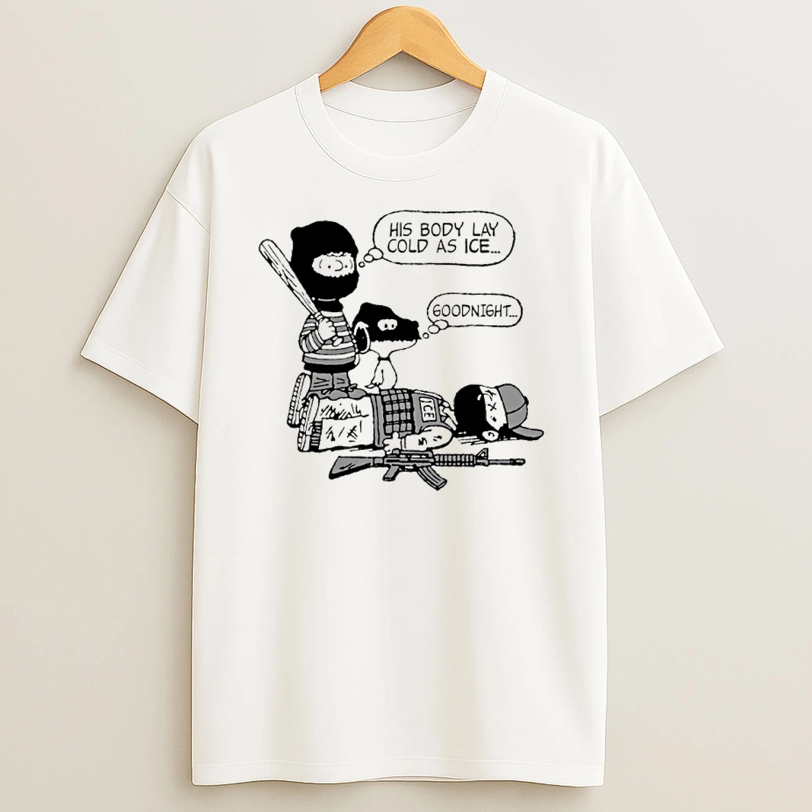 Linus Van Pelt And Snoopy His Body Lay Cold As Ice Goodnight T Shirt