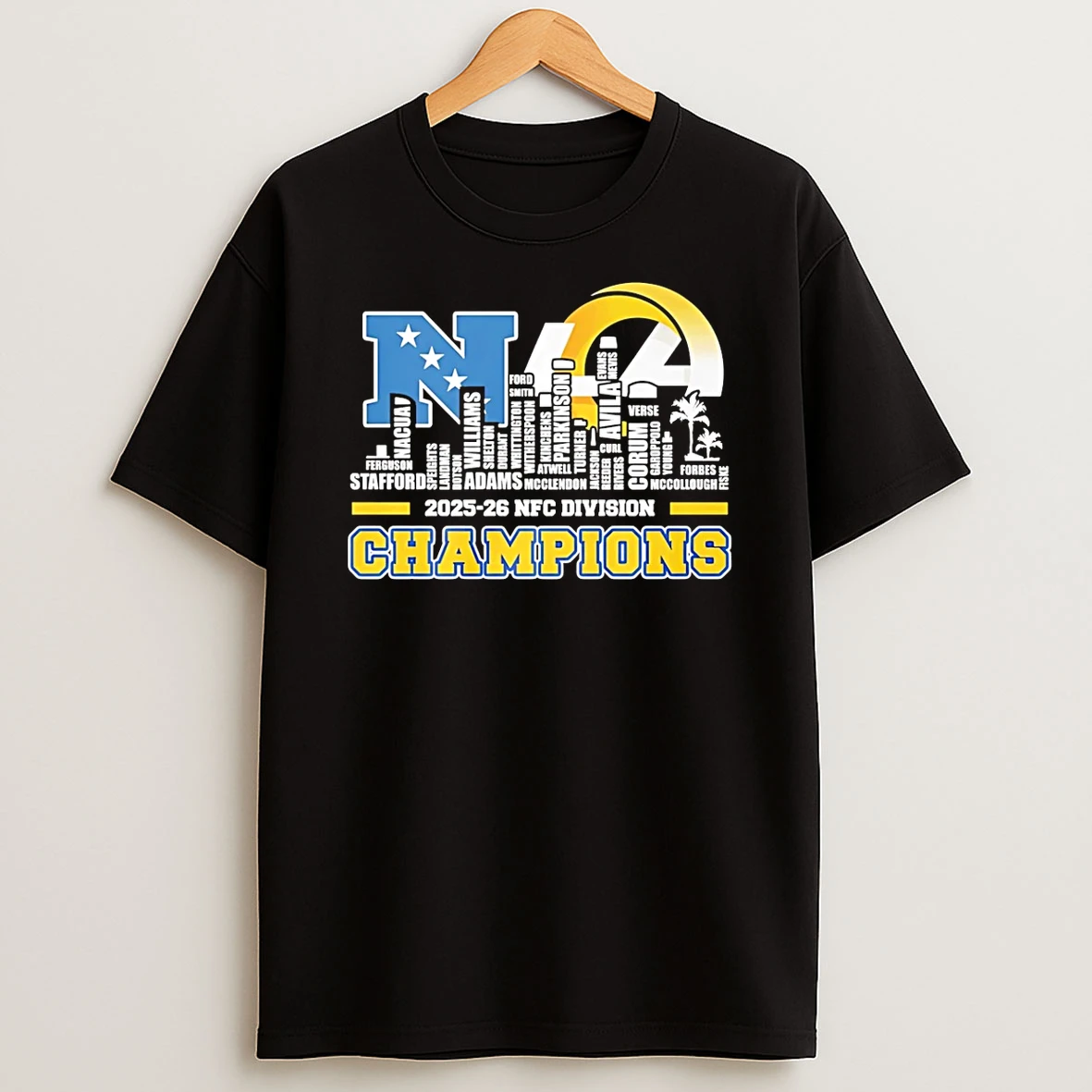 Los Angeles Rams 2025 26 Nfc Division Champion Name City Skyline T Shirt