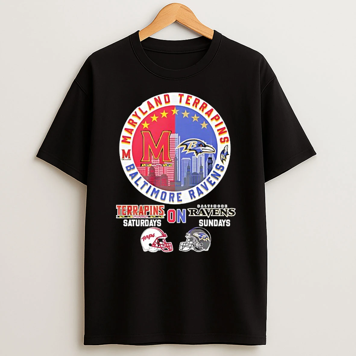Maryland Terrapins On Saturdays And Baltimore Ravens On Sundays Helmet Logo Mashup T Shirt