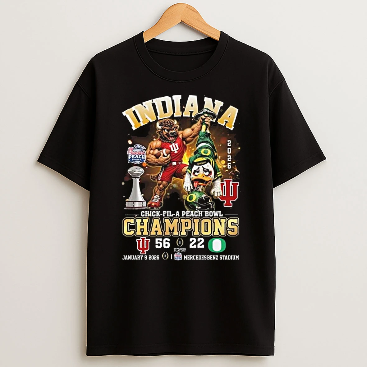 Mascot Indiana Beat Oregon On Chick Fil A Peach Bowl Champions Score 56 22 Jan 9 2026 Mercedes Benz Stadium T Shirt
