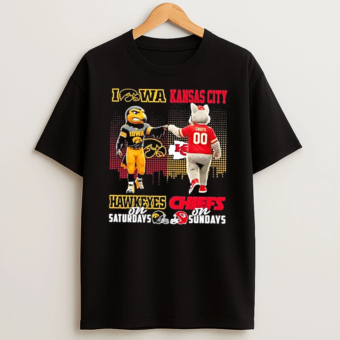 Mascots Iowa Hawkeyes On Saturdays Fist Bump Kansas City Chiefs On Sundays Skyline T Shirt