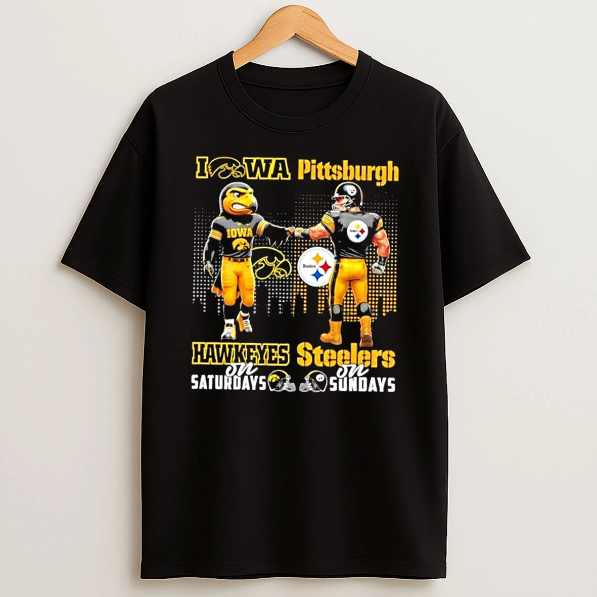 Mascots Iowa Hawkeyes On Saturdays Fist Bump Pittsburgh Steelers On Sundays Skyline T Shirt