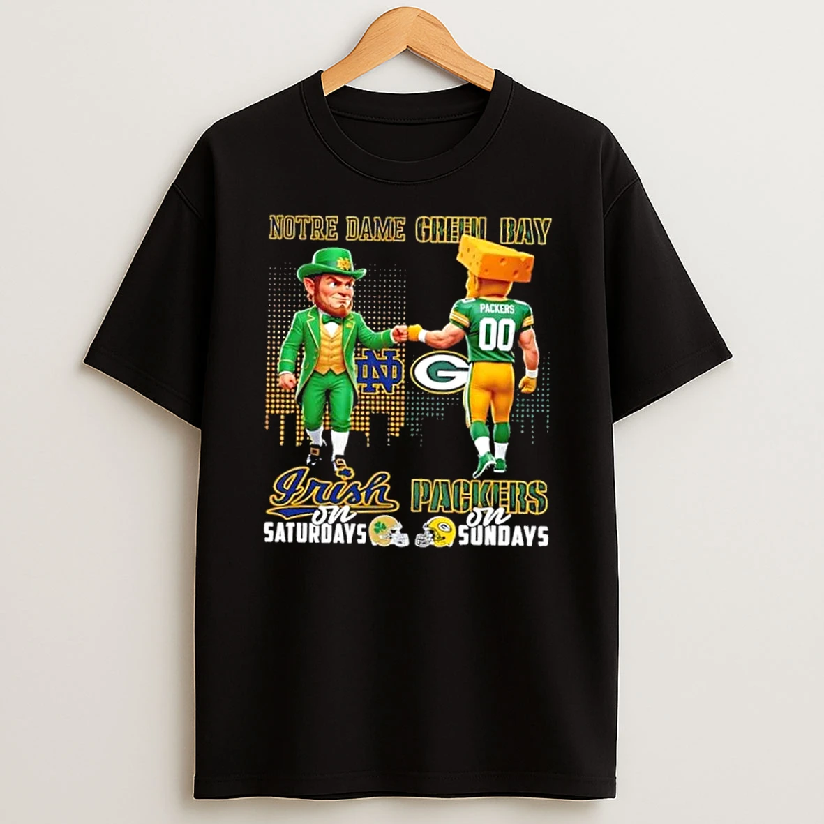 Mascots Notre Dame Fighting Irish On Saturdays Fist Bump Green Bay Packers On Sundays Skyline T Shirt