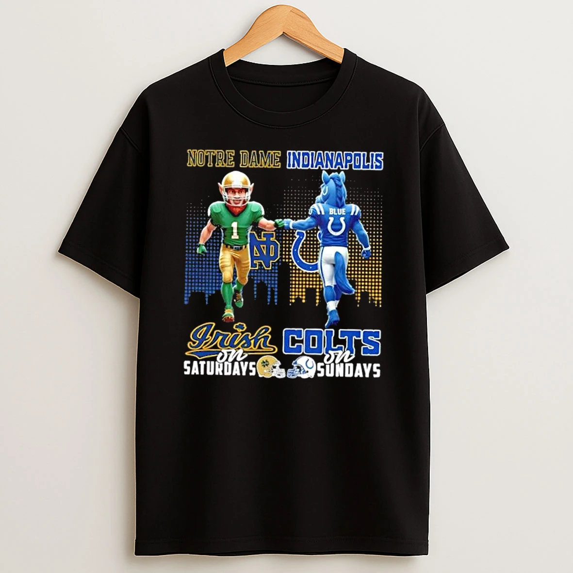 Mascots Notre Dame Fighting Irish On Saturdays Fist Bump Indianapolis Colts On Sundays Skyline T Shirt