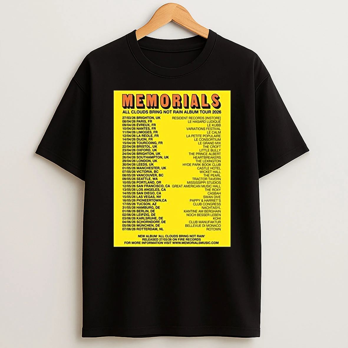 Memorials All Clouds Bring Not Rain Album Tour 2026 T Shirt