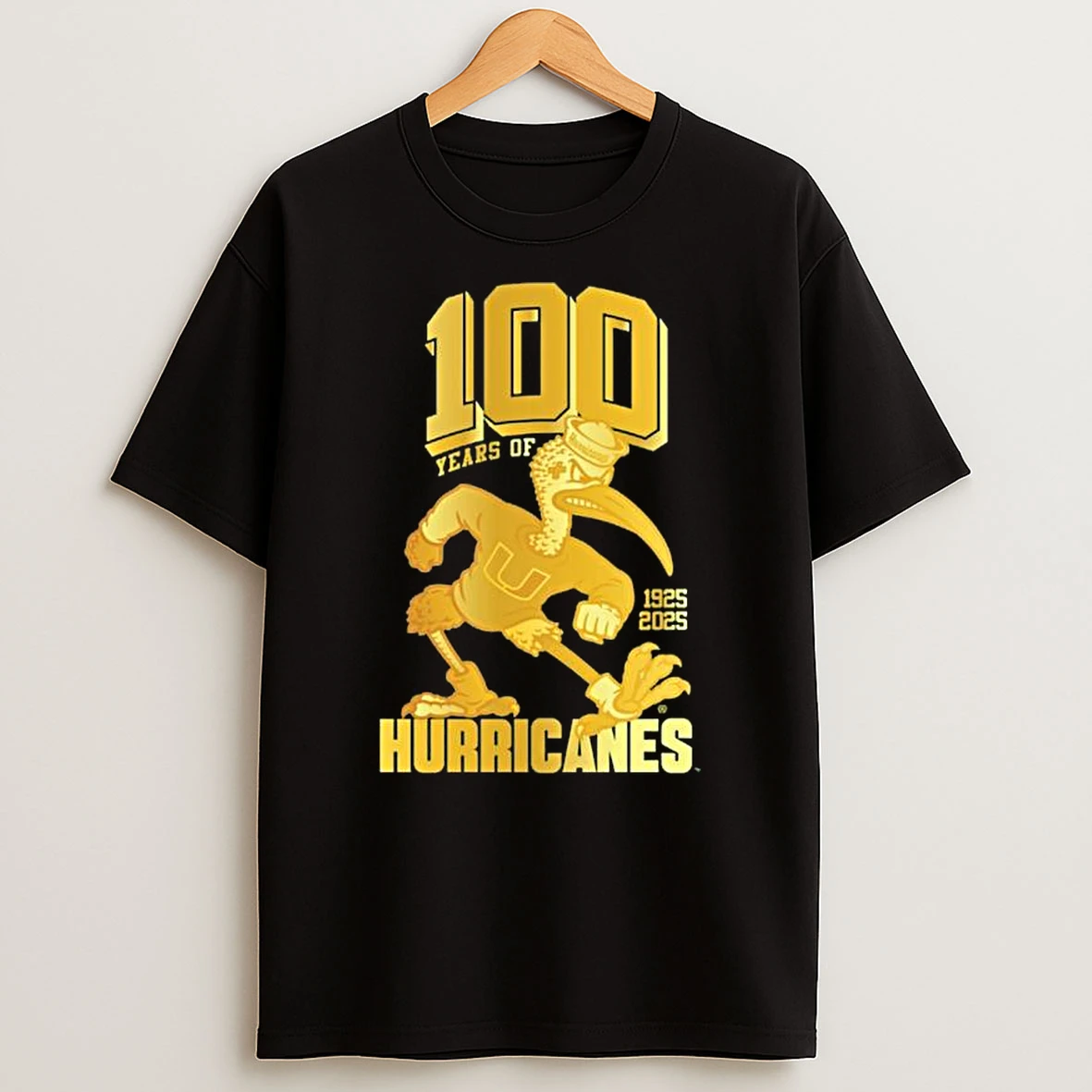 Miami Hurricanes 100 Years Of Hurricanes 1925 2025 Gold Sebastian T Shirt