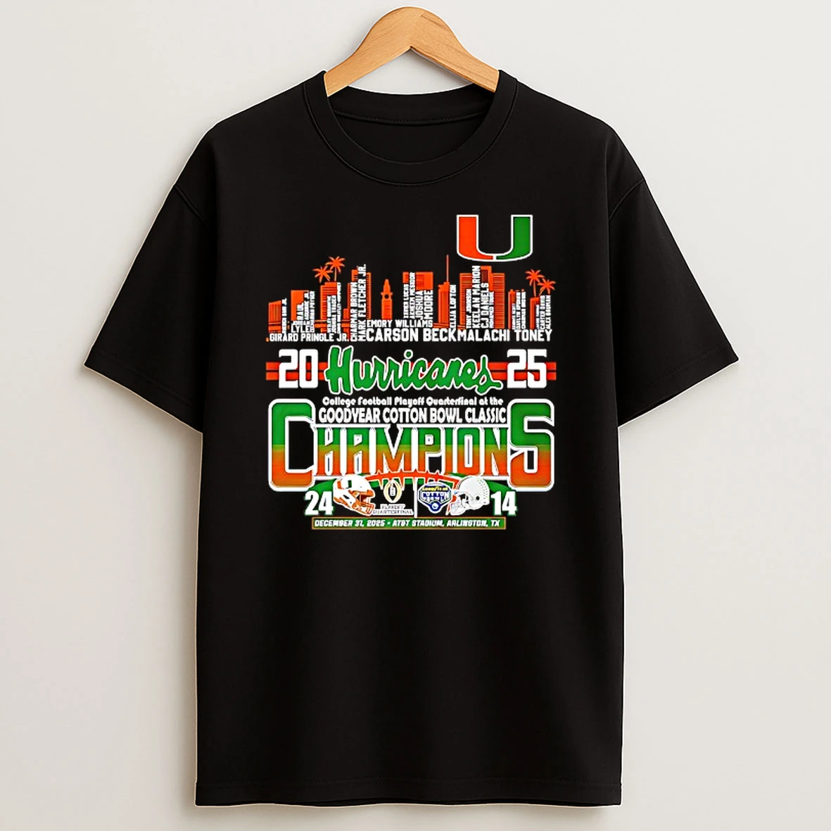 Miami Hurricanes 2025 Cfp Goodyear Cotton Bowl Champions Player Name Skyline T Shirt