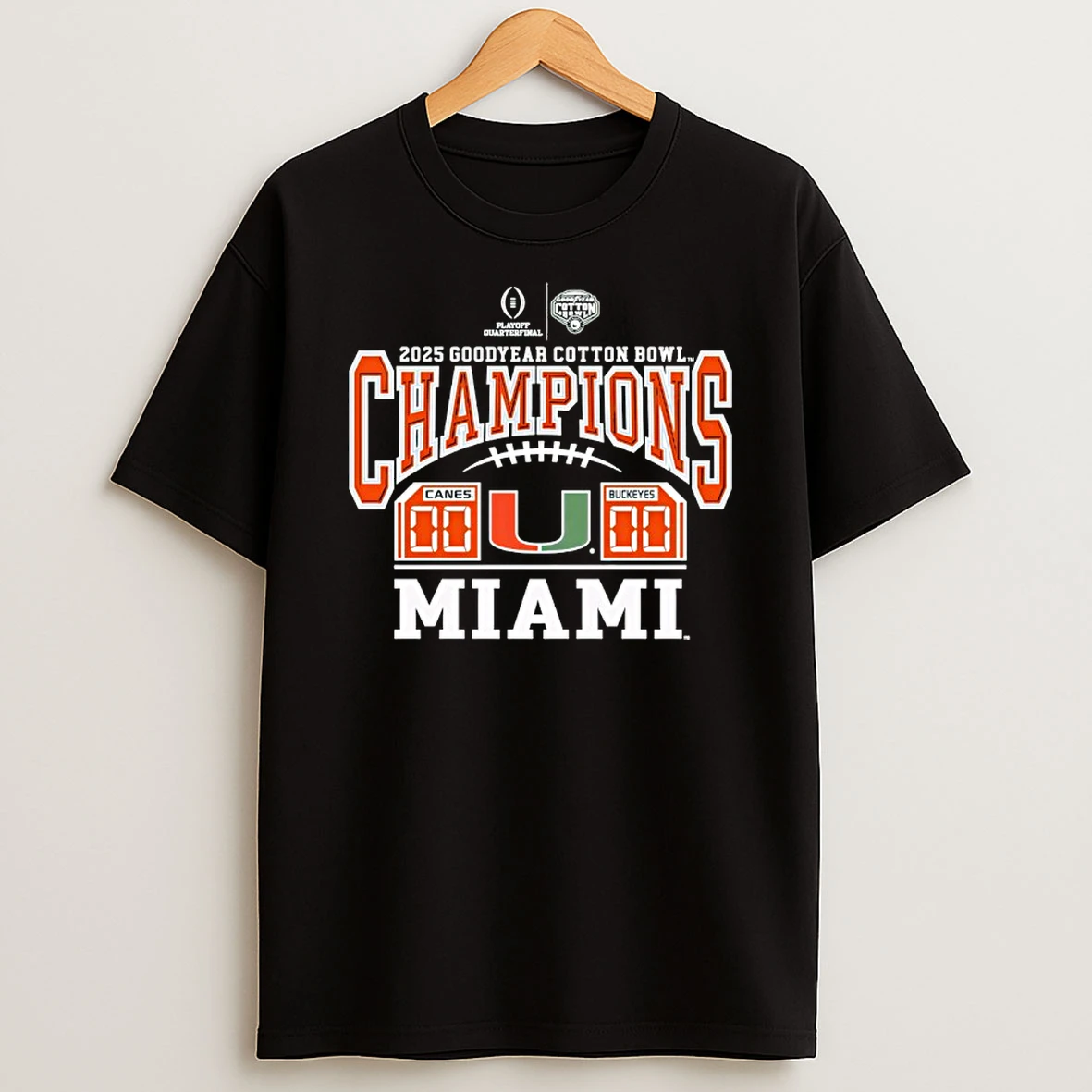 Miami Hurricanes 2025 Mens Cotton Bowl Champions Game With 24 14 Final Score T Shirt