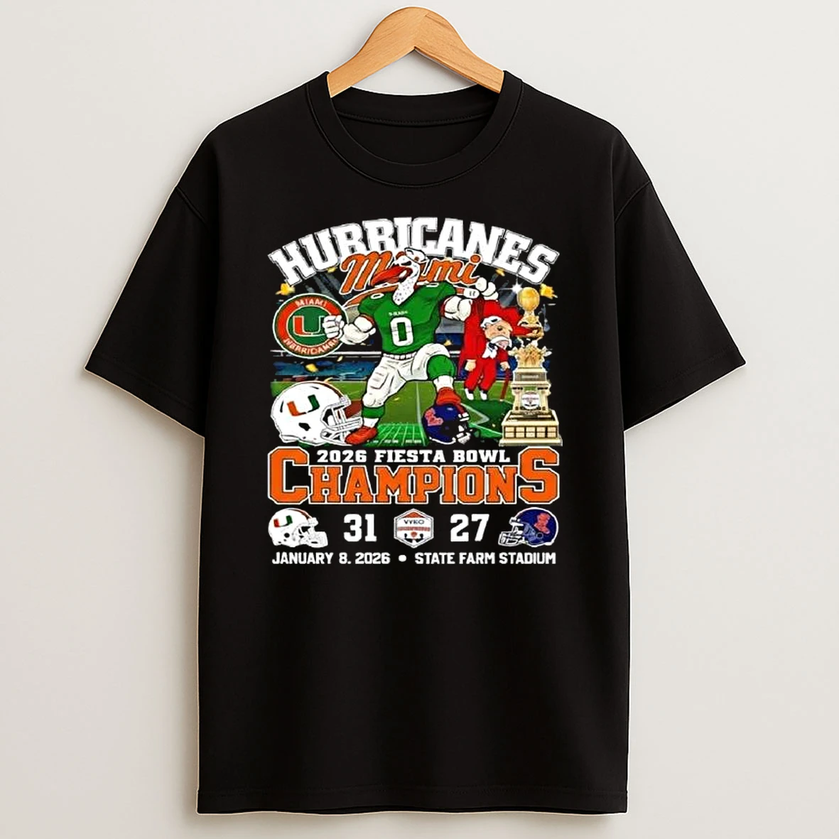 Miami Hurricanes 2026 Cfp Vrbo Fiesta Bowl Champions Beat Ole Miss 31 27 Score Mascot T Shirt