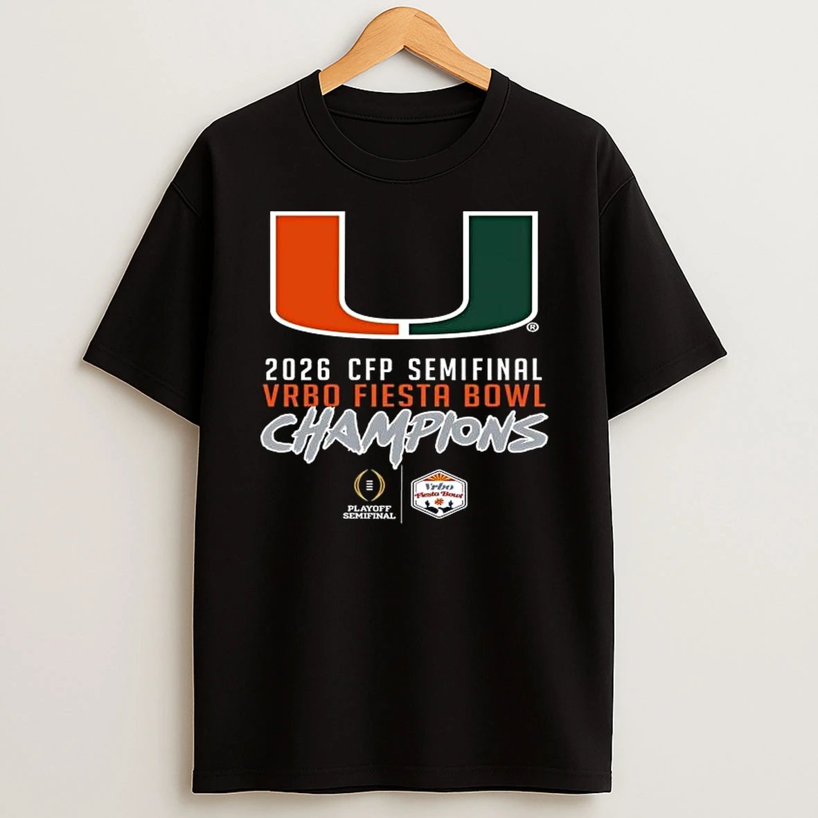 Miami Hurricanes Big Logo Cfp Semifinal 2026 Vrbo Fiesta Bowl Champions T Shirt